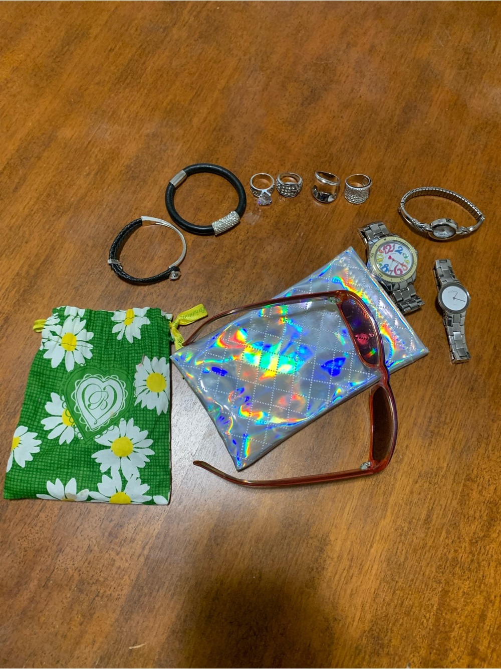Holographic Quilted Sunglasses Pouch with Tommy Hilfiger shades some jewelry etc
